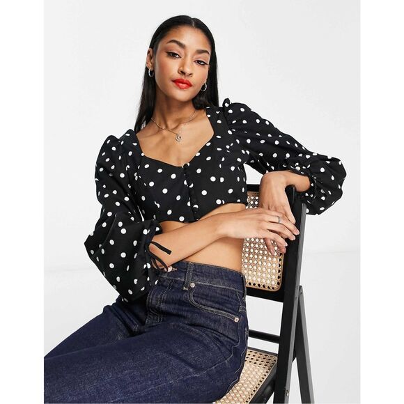 ASOS Topshop Monochrome Polka Dot Corset Crop Top Size 10 Puff Sleeve Spot Print - Picture 1 of 13